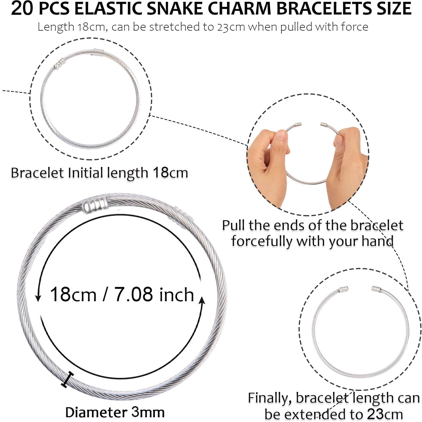 ZYEHXED 20Pcs Snake Charm Bracelet Expandable Elastic Bangle Bracelets Stainless Steel Silver Snake Bracelet For Women Diy Jewelry Making Supplies
