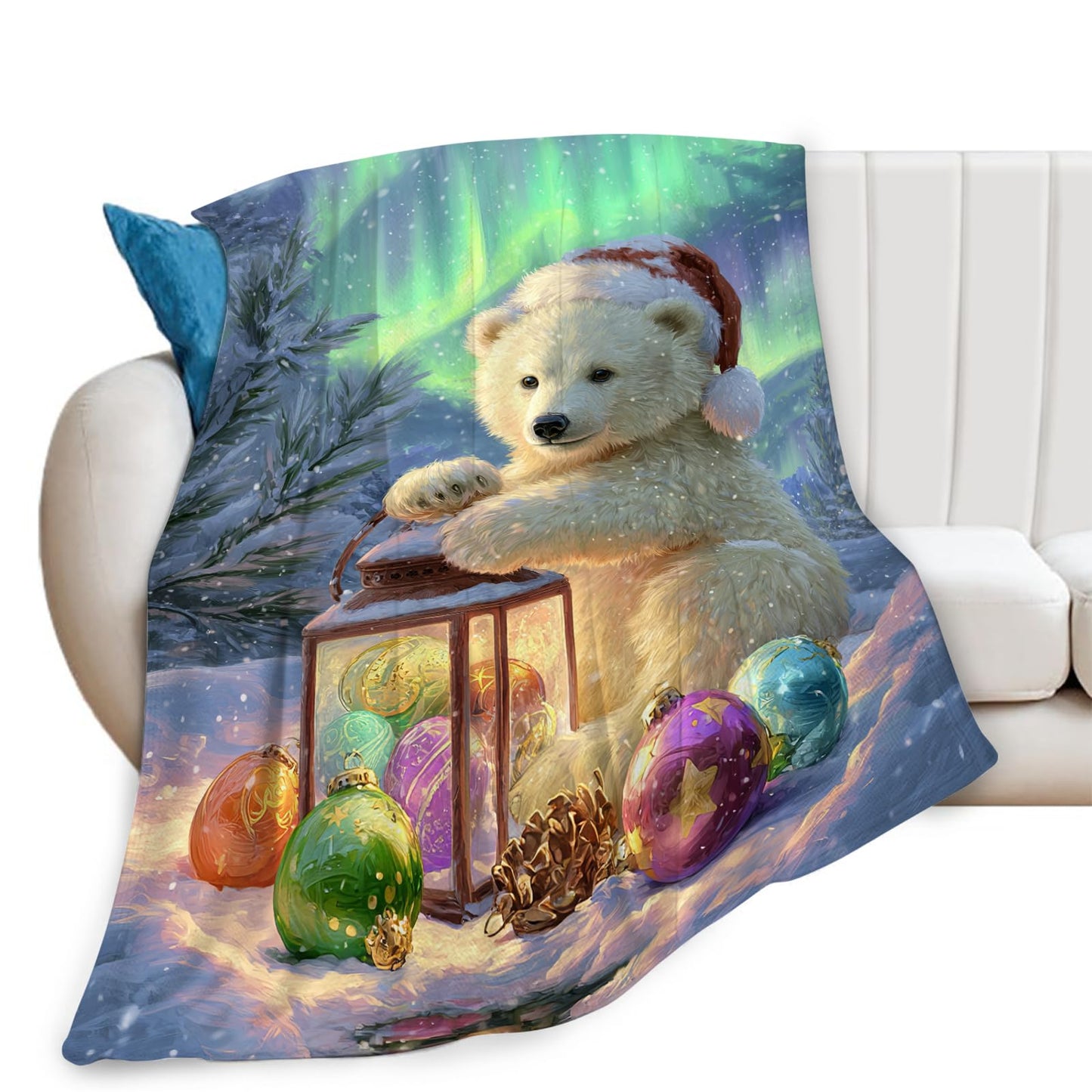 Christmas Polar Bear Blanket White Bear Winter Aurora Throw Blankets Gifts for Girls Boys Kids Animal Lovers Soft Cozy Fleece Plush for Couch Sofa Bed 50"x40"