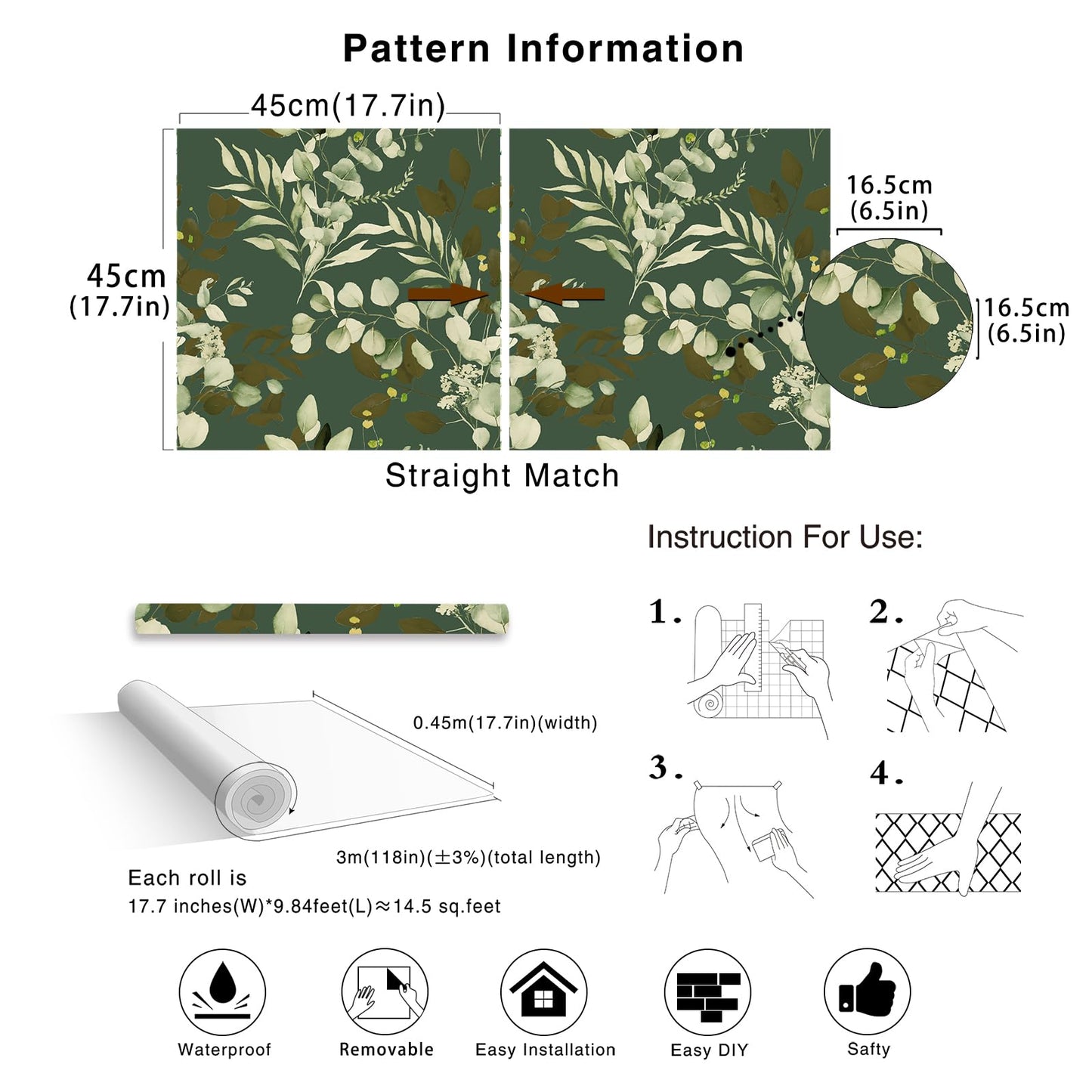 HAOKHOME Peel and Stick Wallpaper Boho Sage Green Eucalyptus Leaf Floral Wall Mural Home Nursery Decor Renter Friendly Wallpaper 17.3in x 9.8ft
