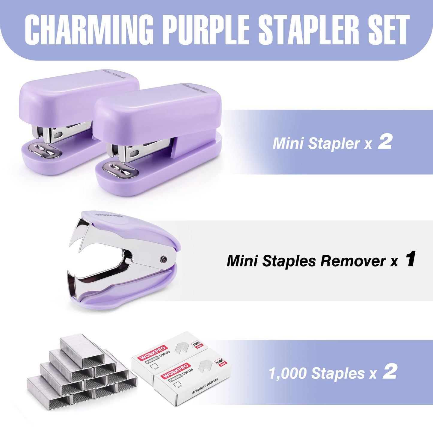 WORKPRO Small Stapler with Staples, Purple Stapler Set Includes Two Mini Staplers, One Staple Remover, 2000 Standard Staples - Cute Staplers for Desk with Non-Slip Base, Lock Design, Colorful