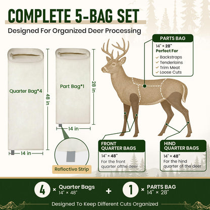 Gociean Game Bags Elk Hunting Meat Bags, 48inch 5-Pack Rolled Heavy Duty Quarter Bag, Reusable & Breathable Meat Game Bag with Reflective Strip for Elk, Caribou, Deer, Moose, Antelope, Duck