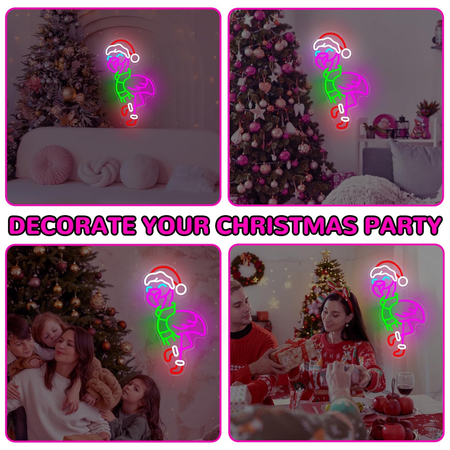 hhuohuona Christmas Flamingo Neon Sign Dimmable Pink Flamingo Christmas Led Sign Flamingos With Santa Hat & Scarf & Stockings Neon Light Tropical Coastal Wall Art Decor