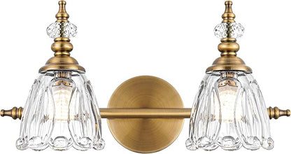 Brass Vanity Light, Farmhouse Brushed Gold Bathroom Light Fixtures, 2 Light Bathroom Vanity Lights, Flower Glass Shade Wall Sconce Lighting