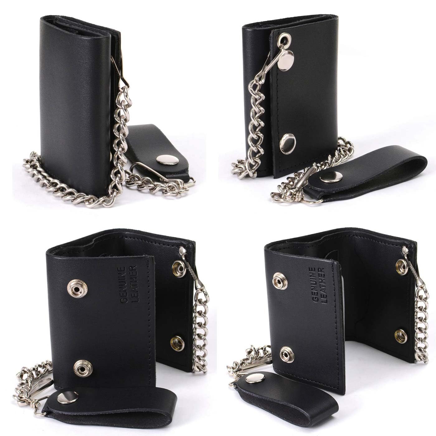 Milwaukee Leather MLW7831 Men's 4" Classic Black Plain Genuine Leather Tri-Fold Biker Wallet w/Anti-Theft Stainless Steel Chain - One Size