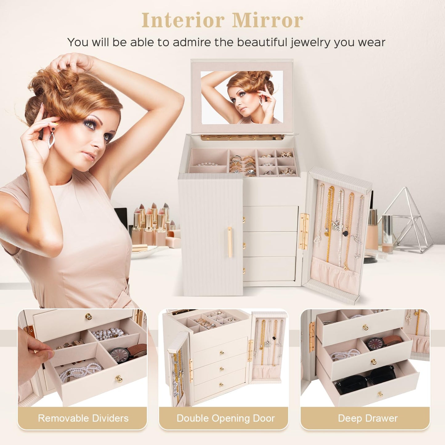 Dajasan Large Jewelry Box Organizer, Jewelry Storage Organizer with 3 Drawers, Huge Jewelry Box with Mirror for Women Girls, Double Door, Textured PU Leather, Gift Idea, Stylish (Beige + Gold)