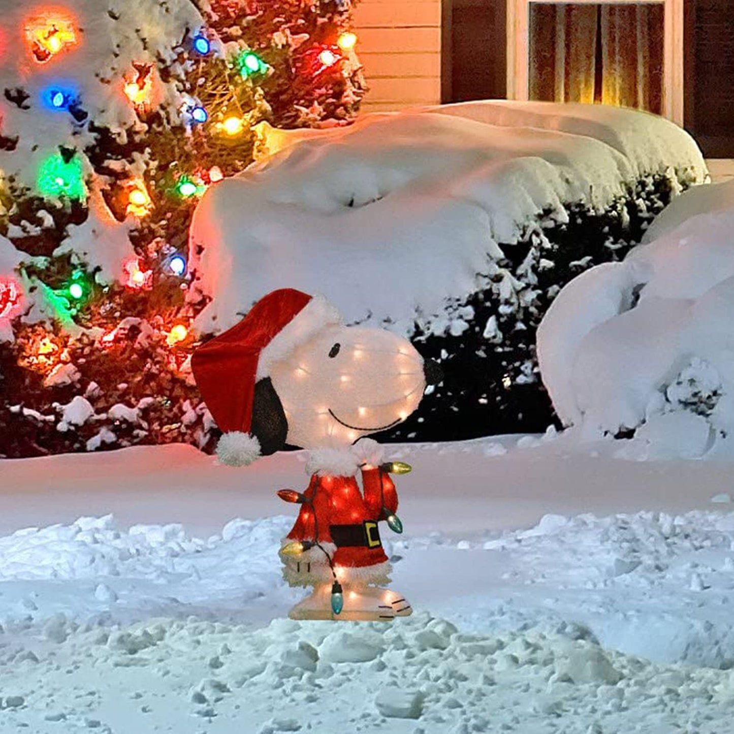 ProductWorks Peanuts Pre Lit 24 Inch Snoopy Santa Claus 2D Outdoor Indoor Christmas Lawn Yard Ornament Home Decoration with 35 Clear Lights and Stand