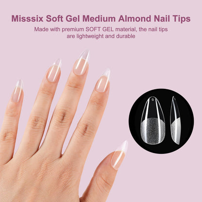 Misssix Short Almond Gel Nail Tips Kit, 216Pcs Pre Etched Clear Fake Nails, Full Cover False Nail 9-in-1 Gel Glue and Portable Mini U V Nail Lamp for Women 12 Sizes