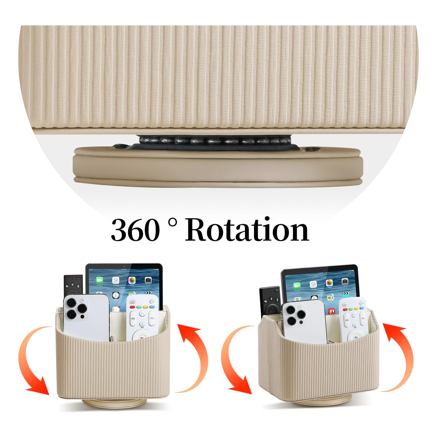 NICLNGSH PU Leather Remote Control Holder, 360 Degree Rotating Desk Organizer Storage Table Remote Caddy, Spinning Bedside Organizer Nightstand Organizer for Desktop Office Home (Beige)