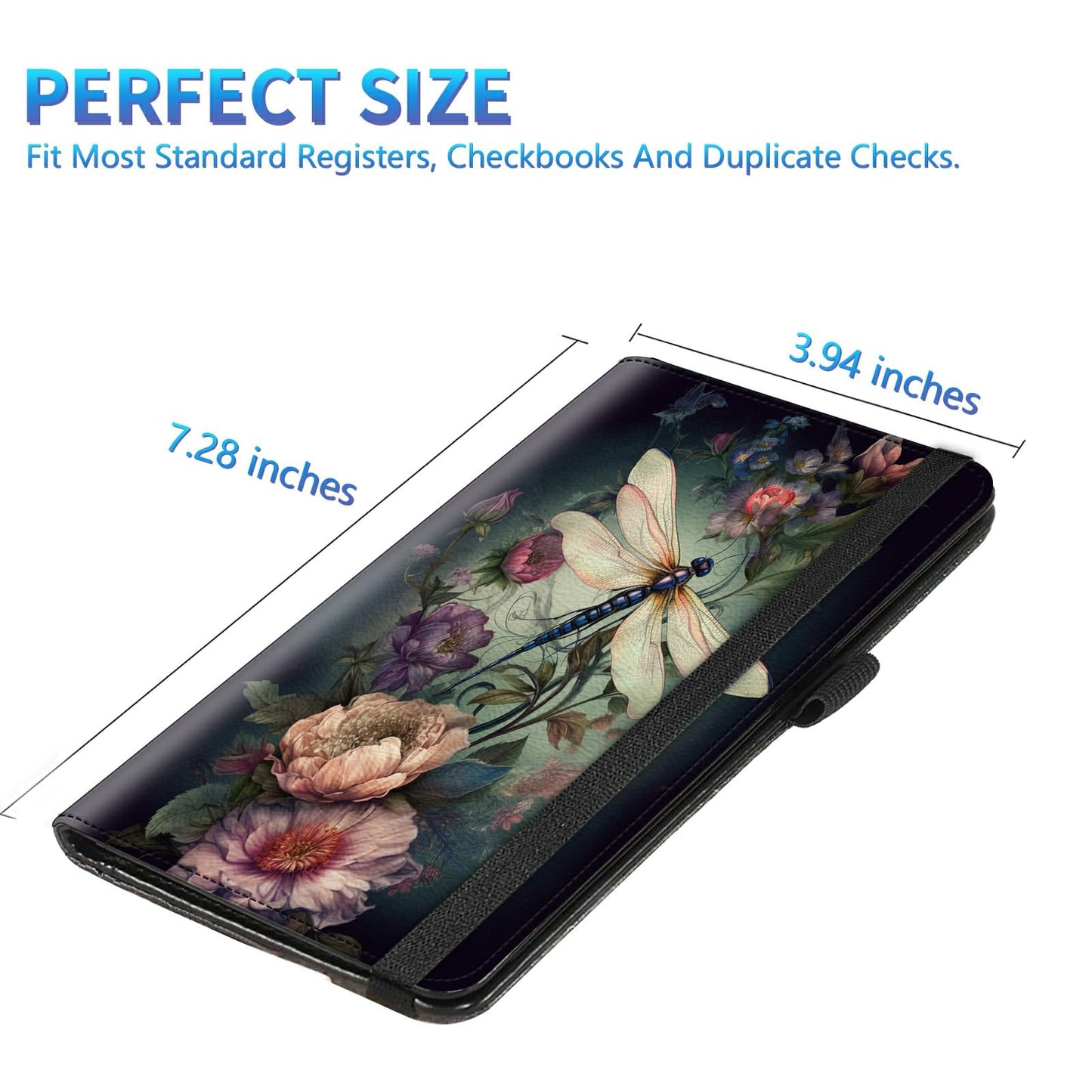 BREIDMKFM Leather RFID Check Book Cover with Credit Card Slots, Personal Duplicate Checks Holder with Pen Holder, Dragonfly Peony