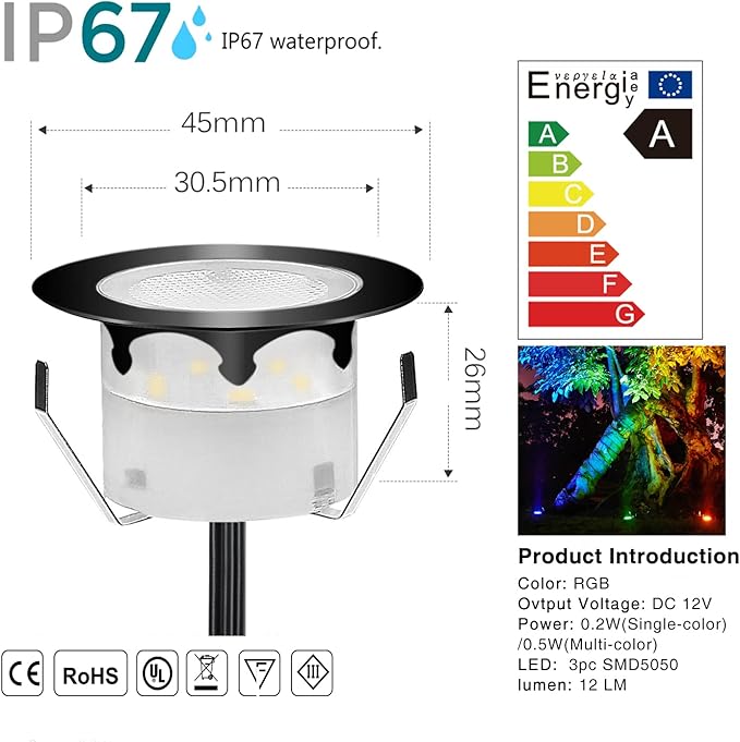 Low Voltage LED Deck Lighting Kit Stainless Steel 0.2W~0.5W Waterproof Outdoor Yard Garden Decoration Lamps Landscape Pathway Patio Step Stairs RGB LED In-ground Lights (Black Border,1 Pack)