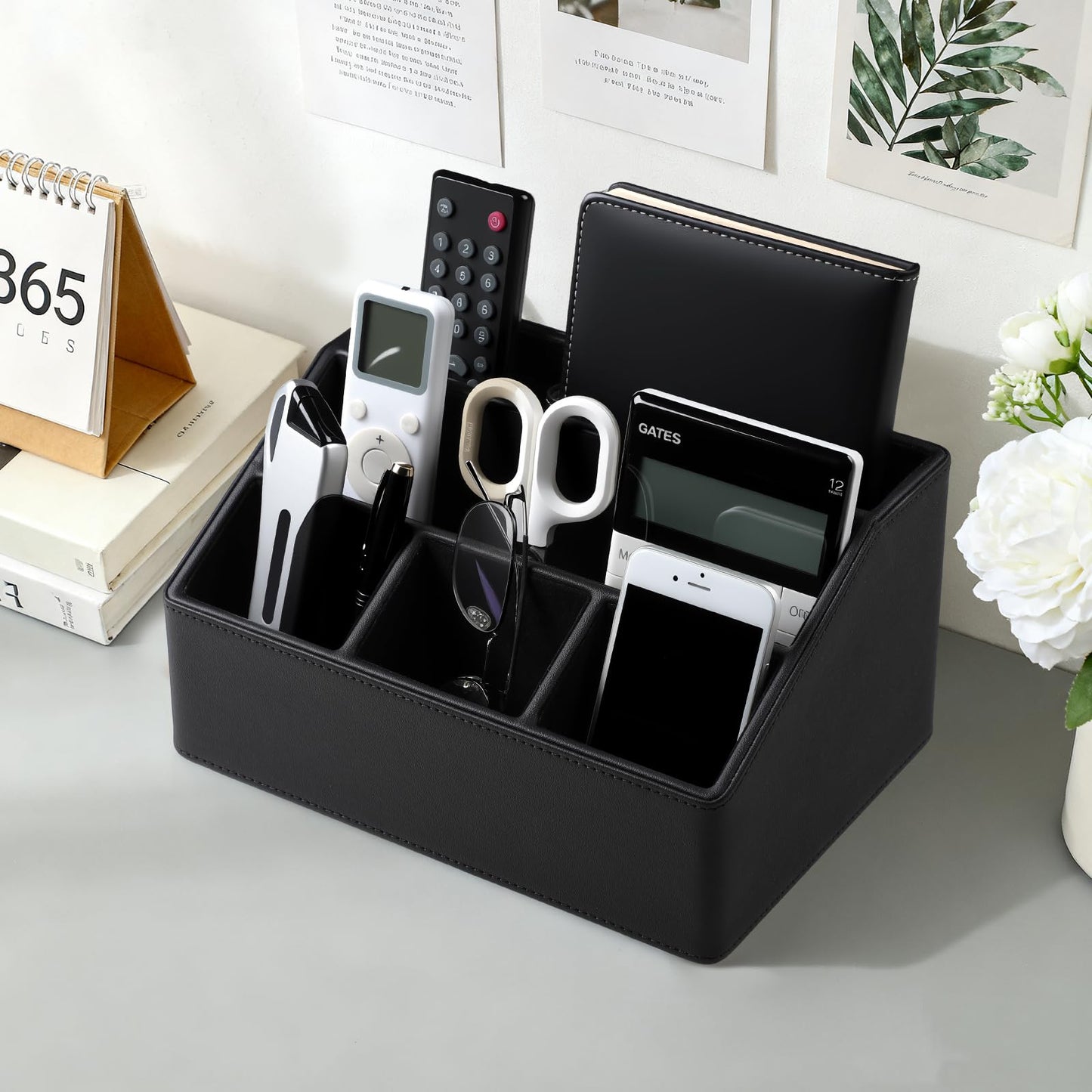 Cretkhp Desk Organizer Caddy with 5 Compartments for Office Art Supplies, PU Leather Nightstand Organizer Pencil Pen Desk Caddy for Home, Desktop TV Remote Control Holder Storage (Black)