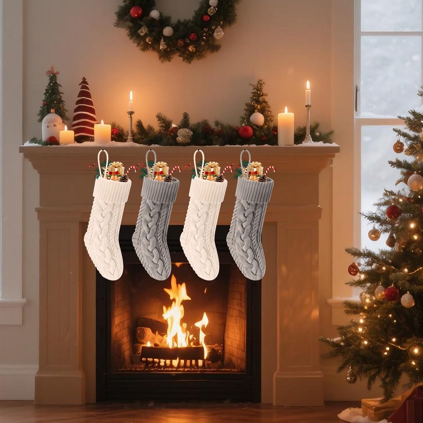 Doitory Christmas Stockings 4 Pack 18 Inches Large Size Knitted Stocking Christmas Decorations for Family Holiday Party Decor