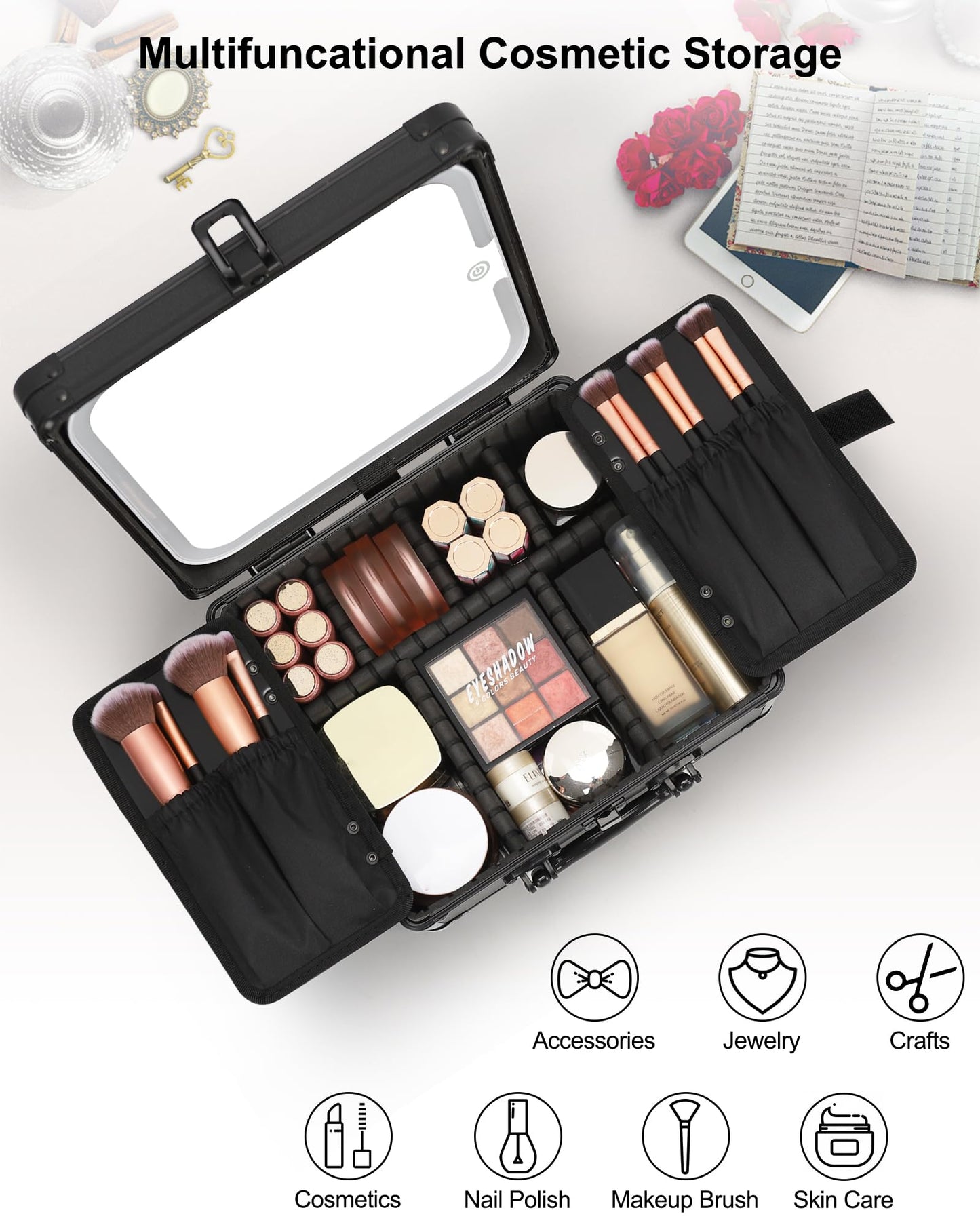 Relavel Makeup Bag with LED Mirror, Makeup Box Travel Train Case with Rechargeable Lighted Mirror & Adjustable Dividers, Cosmetic Brush Organizer Storage for Makeup Artists Gifts for Women and Girls