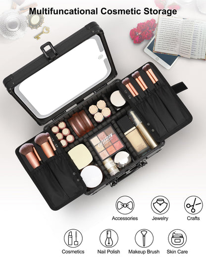 Relavel Makeup Bag with LED Mirror, Makeup Box Travel Train Case with Rechargeable Lighted Mirror & Adjustable Dividers, Cosmetic Brush Organizer Storage for Makeup Artists Gifts for Women and Girls
