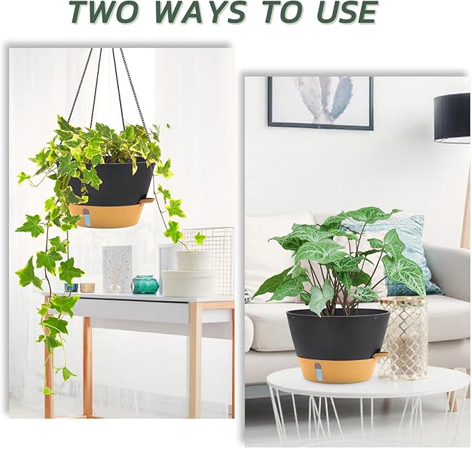 ZMTECH 12 Inch Large Hanging Planters for Outdoor Plants, 2 Pack Self Watering Hanging Planter with Visual Reservoir, Hanging Baskets for Plants Indoor with Drainage Hole and Plant Hanger(Gray)