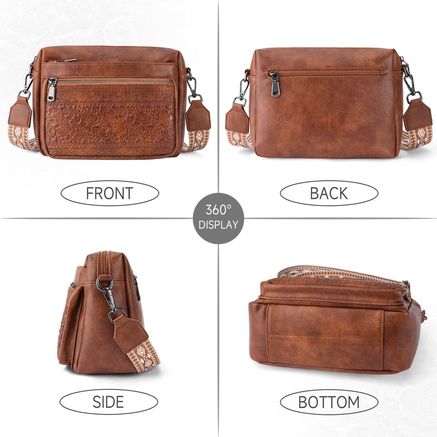VIMUTI Crossbody Bags for Women Trendy,Leather Crossbody Purses Embossed Design,Multi Pocket Lightweight Shoulder Handbag (01-Brown)