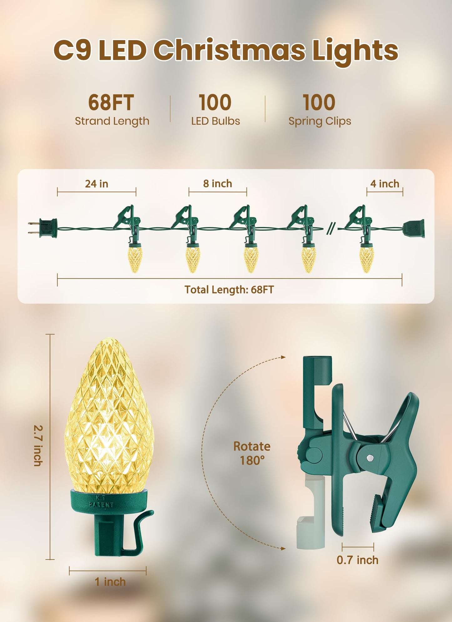 C9 LED Christmas Lights Outdoor, 68 Feet 100 LED Strawberry String Lights With 100 Spring Clamps, Waterproof Commercial Grade Extendable for Outside Roofline Patio Home Xmas Decoration, Warm White