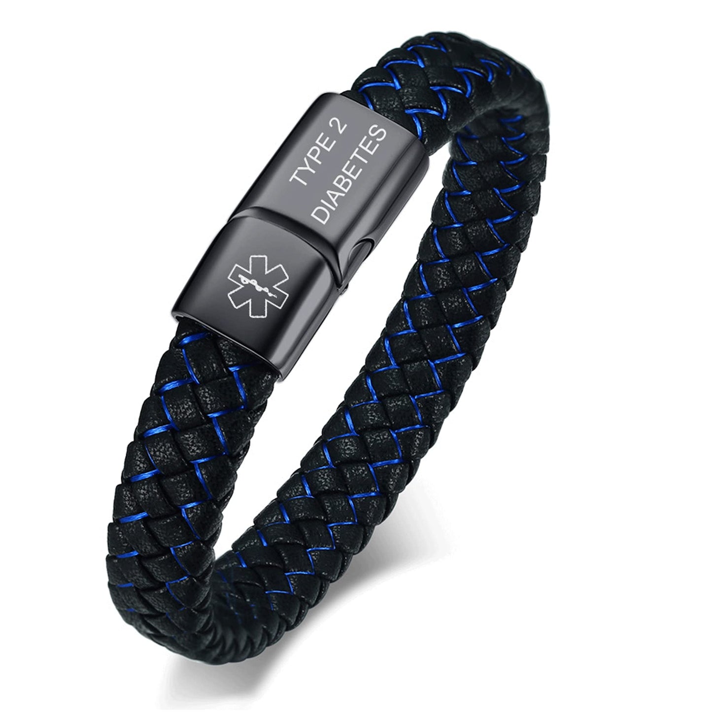 VNOX Blue TYPE 2 DIABETES Braided Leather Medical Symbol Caduceus with Stainless Steel Cuff Wristband Bracelet,8.5 Inches