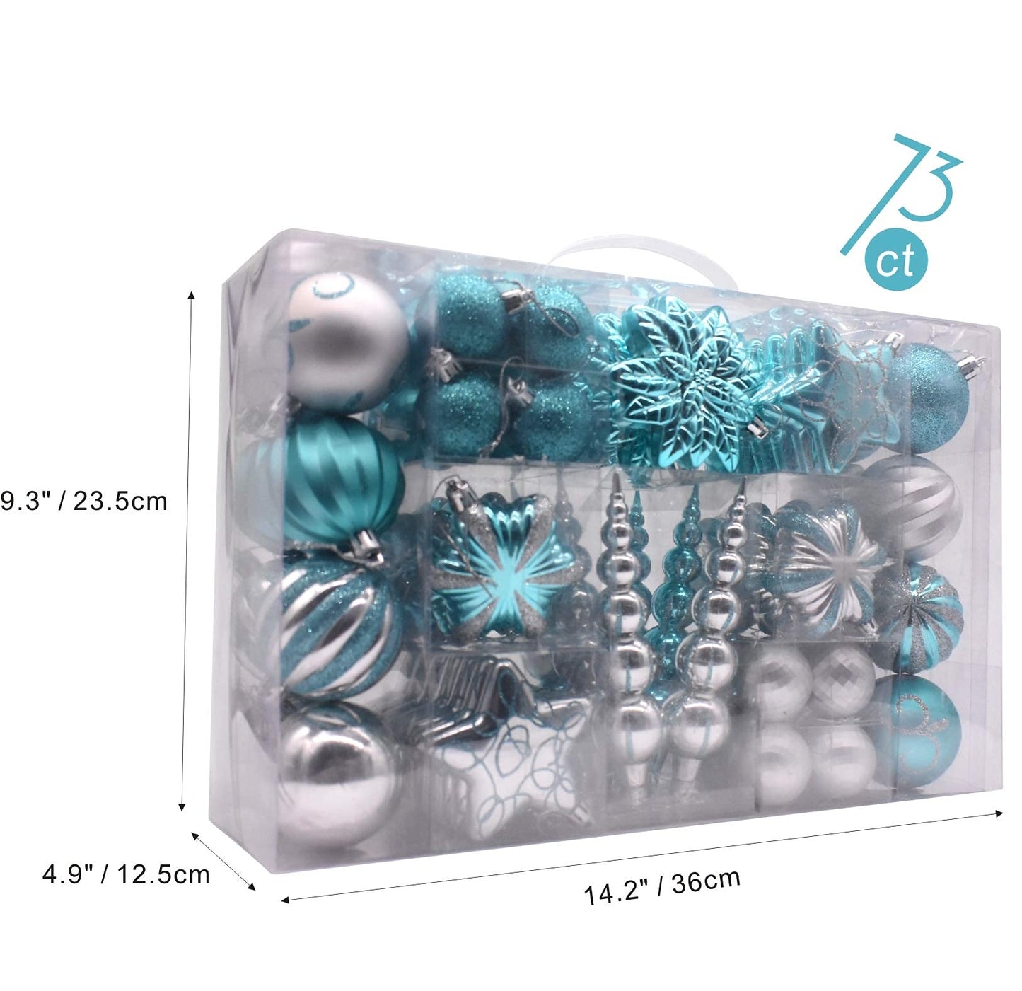 AUXO-FUN 73ct Assorted shatterproof Christmas Ornaments Luxury Collection Set in Reusable Hand-held Gift Package for Christmas Tree Decoration (Turquoise & Silver)