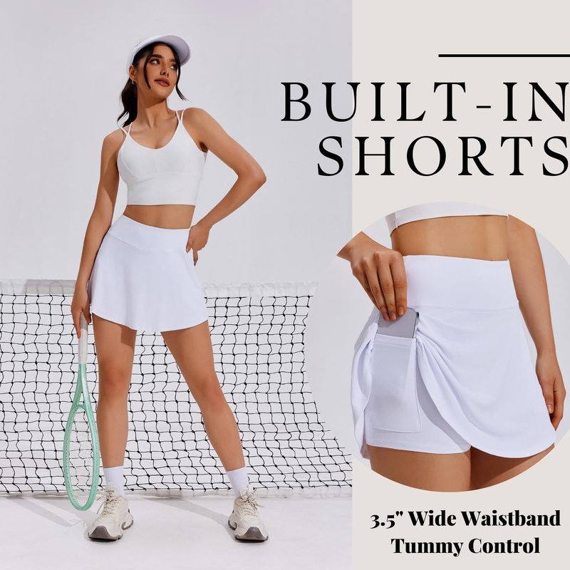 PINSPARK Tennis Skirt for Women Pleated Skirt with Shorts Lightweight Athletic Skort Golf Outfits High Waisted,White X-Small