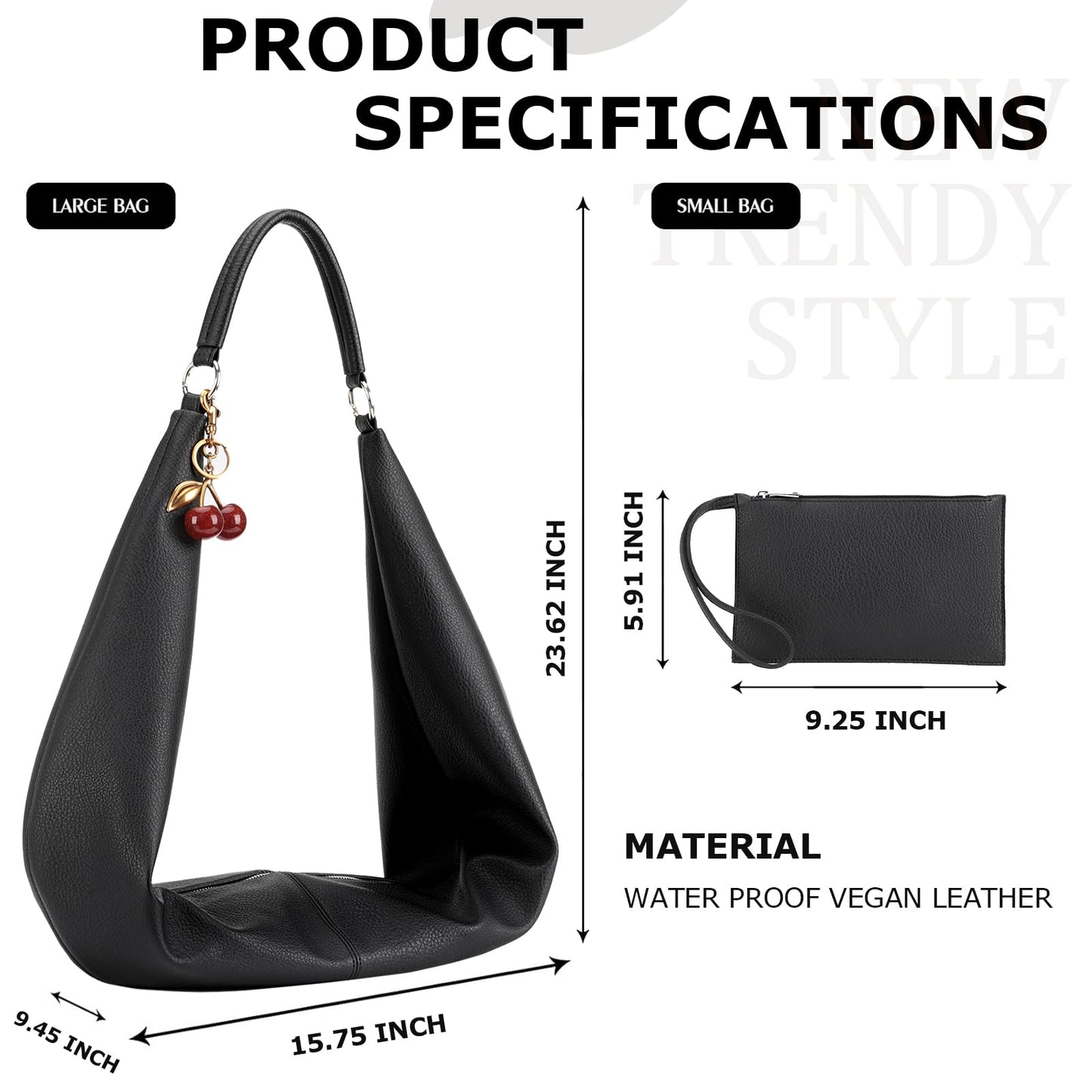Slouchy Hobo Bags for Women Soft Vegan Leather Sling Bag Designer Shoulder Purses Top Handle Handbag with Small Purse (Black)