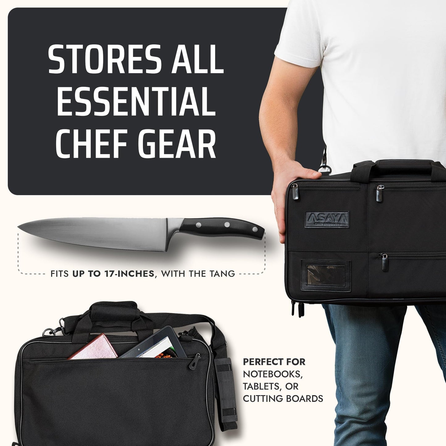Asaya Chef Knife Bag - 28-Pocket Knives Carrying Case for Kitchen Tools and Utensils, Ballistic Nylon Chef Knife Roll Bag with Adjustable Shoulder Strap - Knives Not Included (Black)