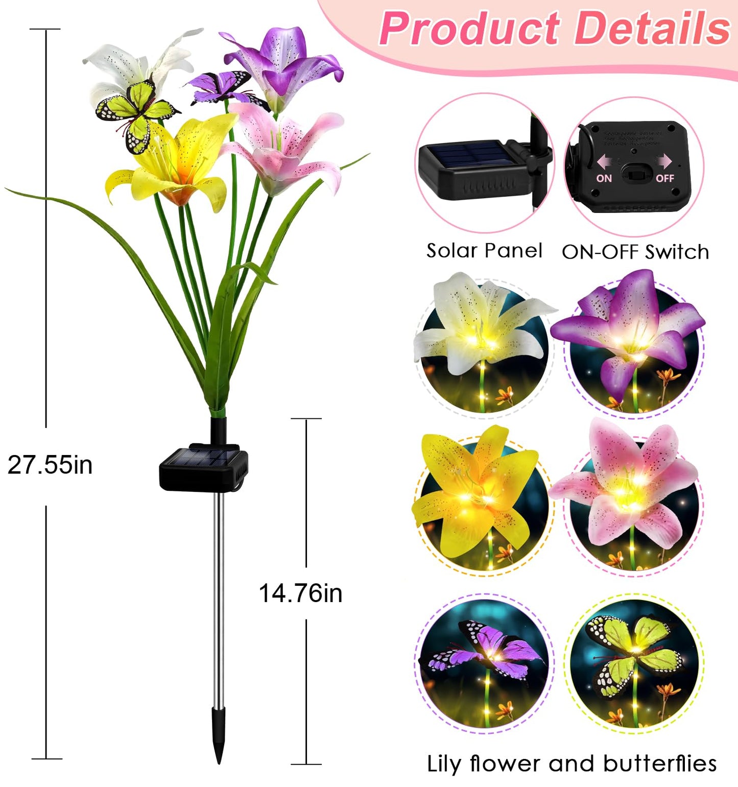 ostritec Solar Garden Lights Outdoor, 4 Pack Flower Lights for Outside, 16 Solar Lilies with Butterflies, Waterproof Garden Decor for Yard, Patio, Gifts for Women Mom (4 pcs Lilies)