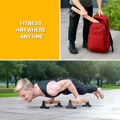 Double Circle Parallettes Push Up Bar with Ergonomic Wooden Handles - Calisthenics Equipment - Non-slip Parallel Bars for Strength Training and Calisthenics - Pushup Handles Parallettes Bars (17 IN)