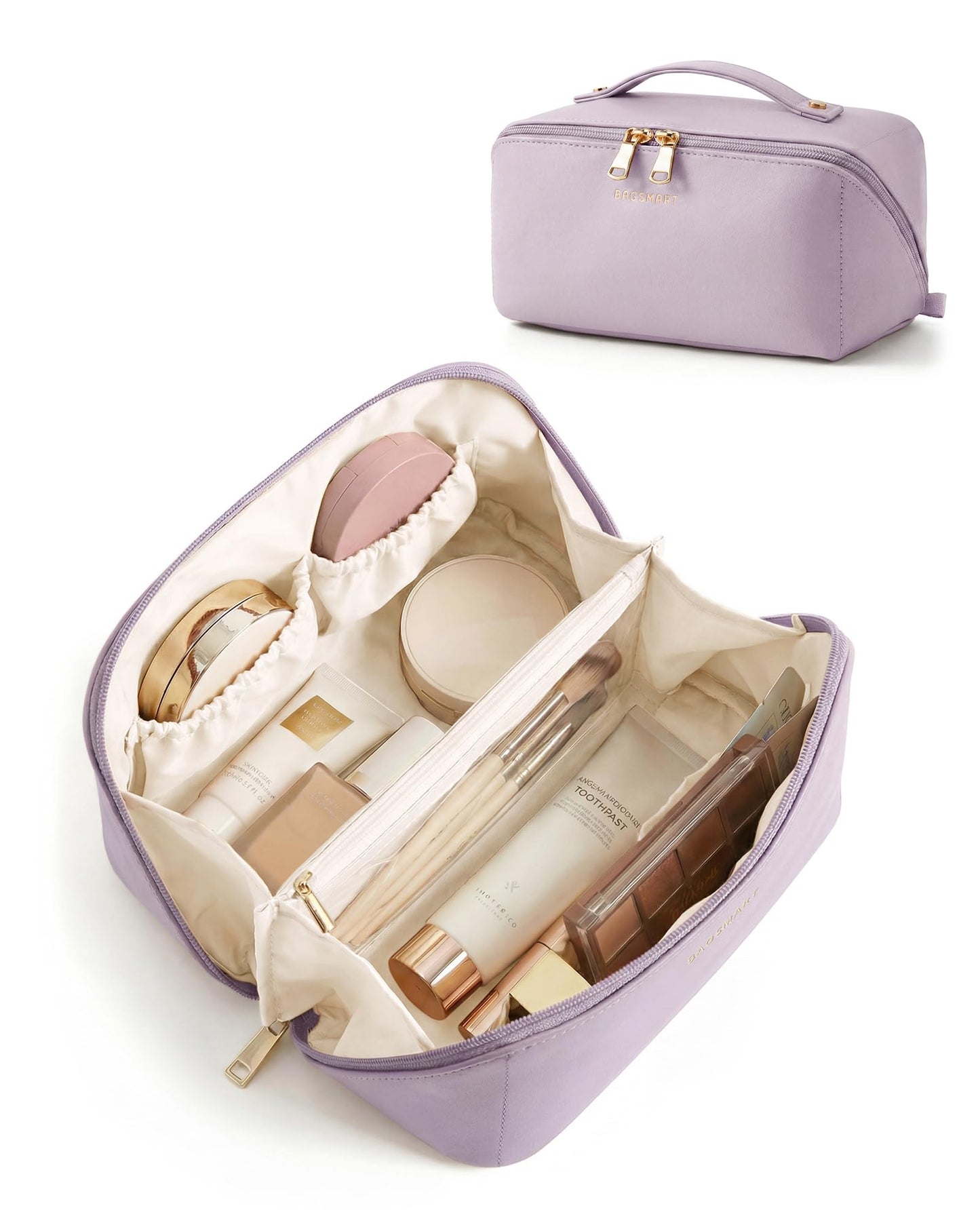 BAGSMART Makeup Bag Travel Cosmetic Bag, Large Make Up Bag Flat Open Toiletry Bag for Women, PU Leather Travel Essentials Organizer Case, Wide-open Pouch Purse for Skincare, Brushes, Blush Purple