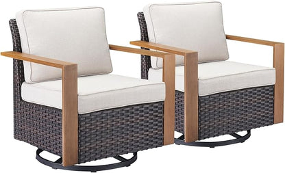 Rilyson Outdoor Patio Swivel Rocker Chairs - Wicker Rattan Patio Swivel Rocking Chairs Set of 2 with Metal Wide Armrest, Thick Cushions and Deep Seating for Deck Porch Sunroom Garden(Brown/Beige)