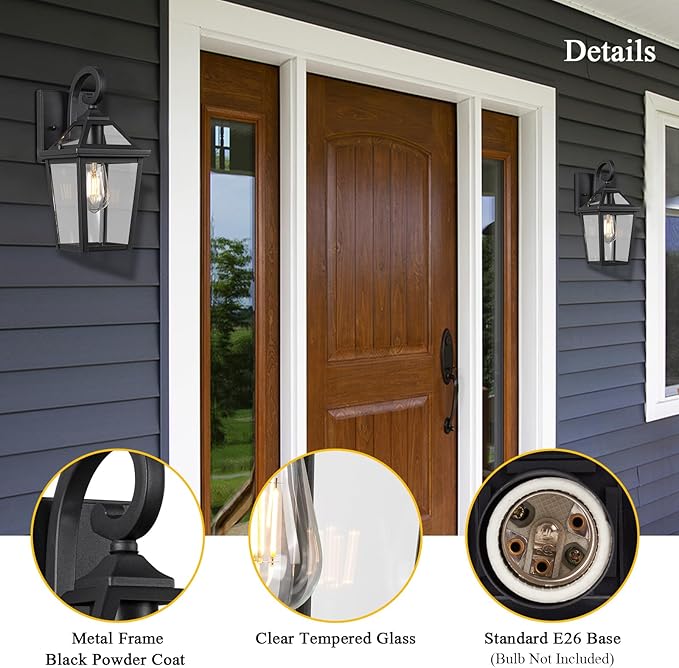 Colonial Outdoor Light Fixture, Exterior Light Sconces with Clear Glass for Front Porch, Waterproof Outdoor Wall Lantern in Black Finish for Home, 2PACK