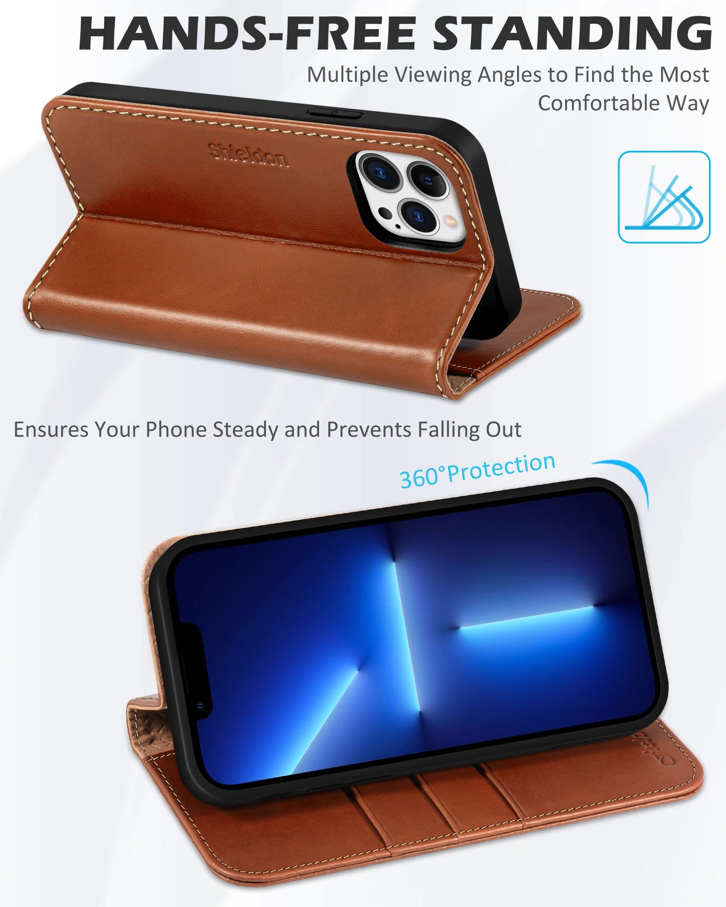 SHIELDON Case for iPhone 13 Pro 5G, Genuine Leather Folio Wallet Magnetic Shock Absorbing Case RFID Blocking Credit Card Holder Kickstand Compatible with iPhone 13 Pro 6.1" - Retro Brown