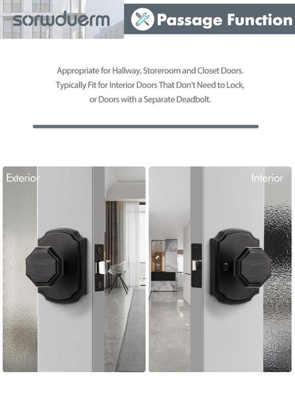 SORWDUERM 1 Pack Oil Rubbed Bronze Knobs Passage Door Knobs Interior Door Knob for Hall and Closet,Zinc Alloy