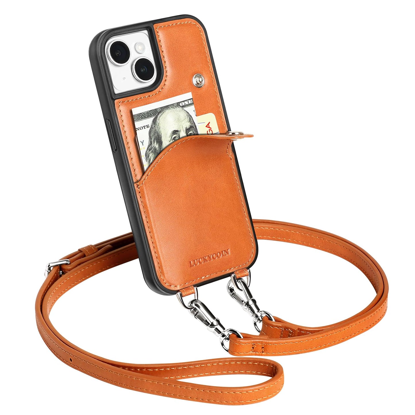 LUCKYCOIN Crossbody Wallet Purse Case for iPhone 15,Genuine Leather Drop-Protection Phone Case for Women with Expandable Card Holder & Adjustable Strap,Hands-Free for Travel & Daily Use -Brown