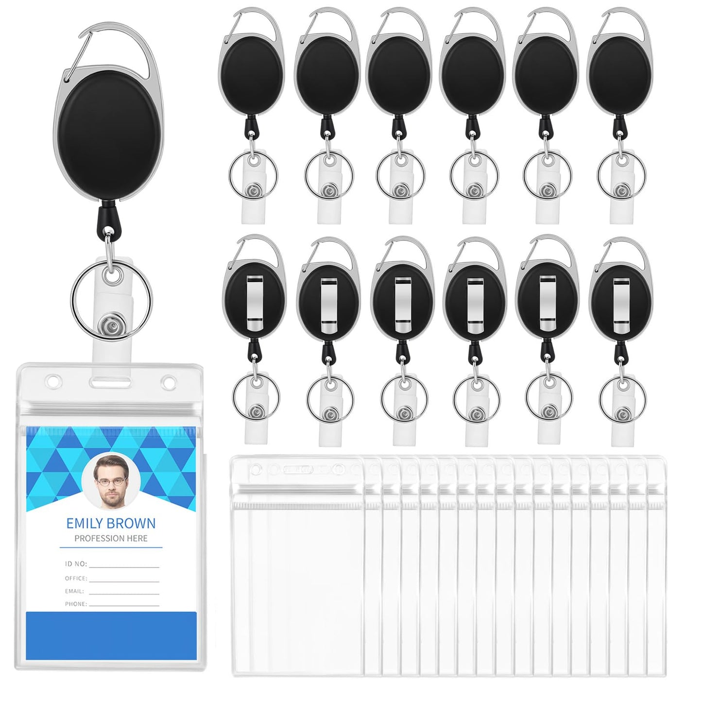 20 Pack Retractable Badge Reel Clips with 20 Pack ID Badge Holders Clear Vertical ID Name Card Holder with Heavy Duty Carabiner Badge Reels for Office Worker Employee Doctor Nurse Teacher Student