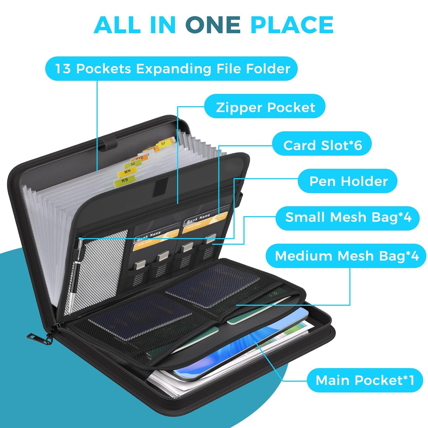 Accordion File Organizer with Combination Lock,Fireproof Expanding File Folder with Multi Pockets,13 Pockets Document Organizer with Handle & Labels,Portable Home Travel Safe Storage Letter A4 Files