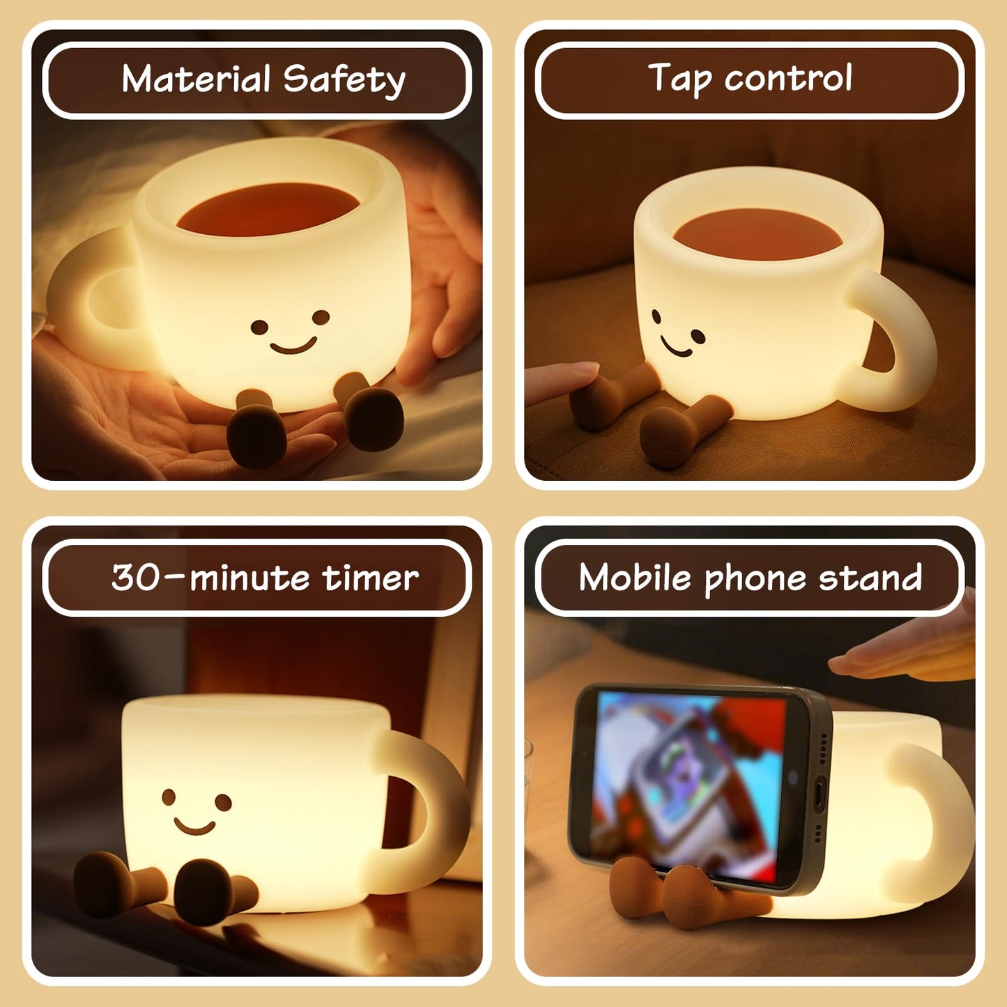 Yesinaly Coffee Cup Night Light - 7 Color Changing Dimmable Warm Light, Touch Control Bedside Lamp with Timer, Rechargeable Portable Mood Light for Nursery, Bedroom, Gift