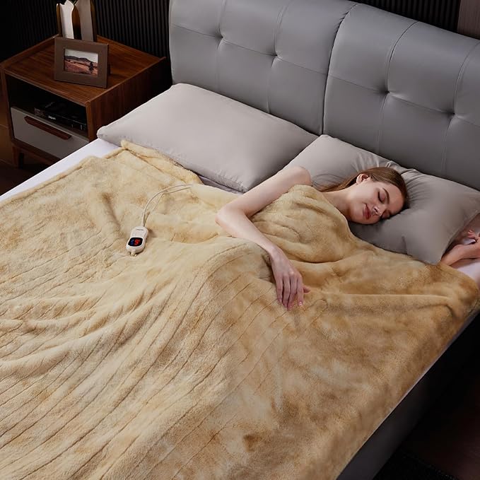Guohaoi Heated Blanket Electric Throw, Soft Faux Rabbit Fur Electric Blanket with 10 Heating Levels 5 Sitting Timer Auto Off, Cozy Warm Heating Blankets, Machine Washable(62"×84" Beige)