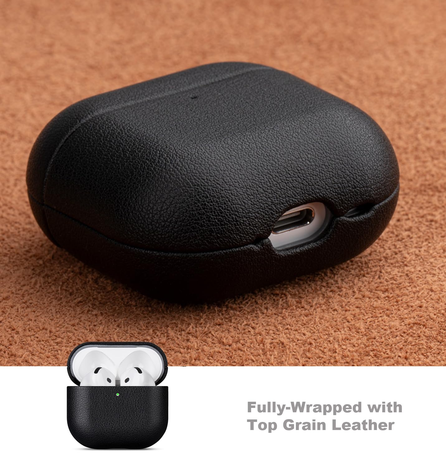 LOPIE Handmade Case for AirPods 4 / AirPods 4 with Active Noise Cancellation Leather Case, Fully-Wrapped with Top Grain Leather, Protective Hard Shell Cover for Gen 4 AirPods - Black