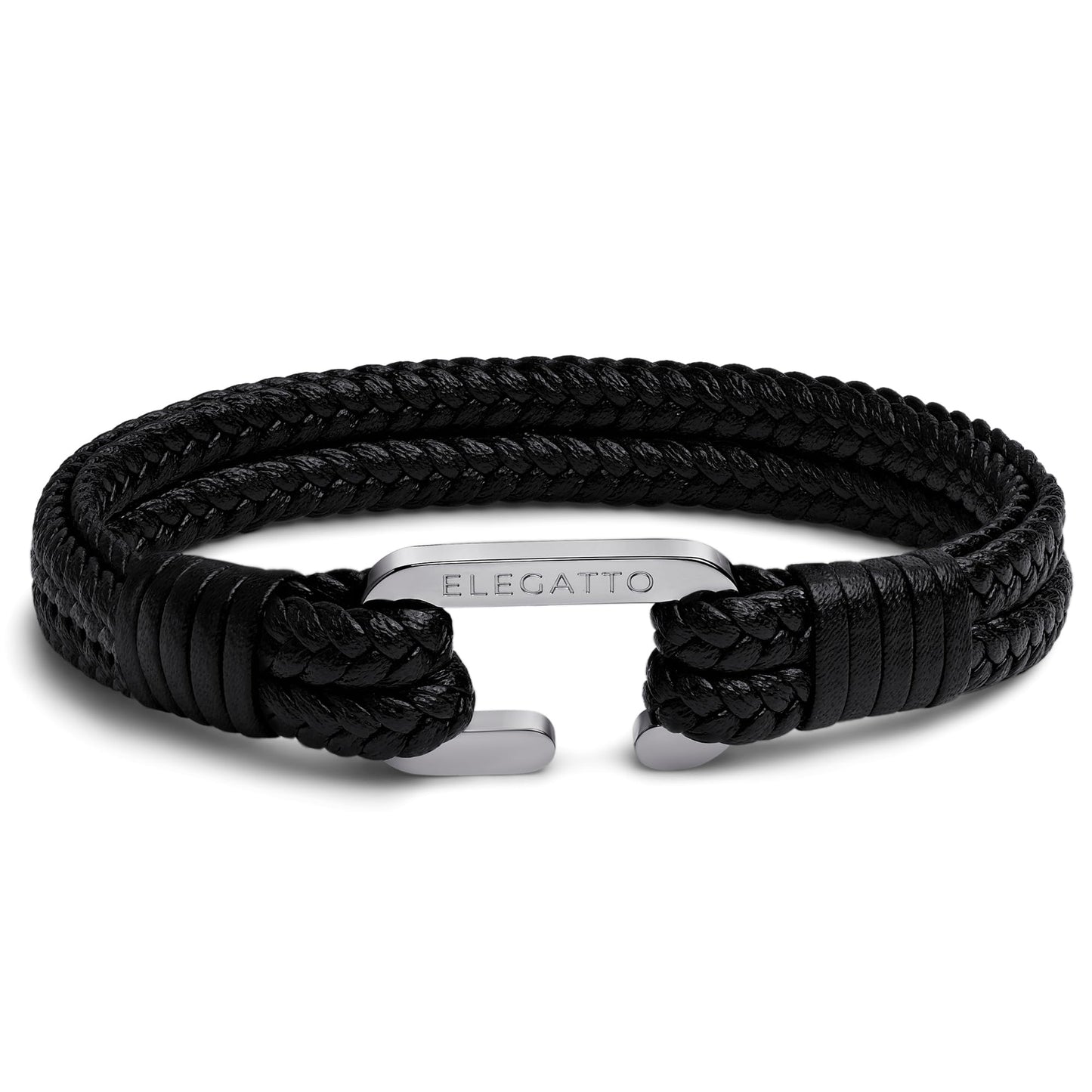 Elegatto Meraki Premium Double Braided Leather Bracelet for Men | Full-Grain Leather with Silver Polished Stainless Steel C-Clasp | Men’s Designer Bracelets