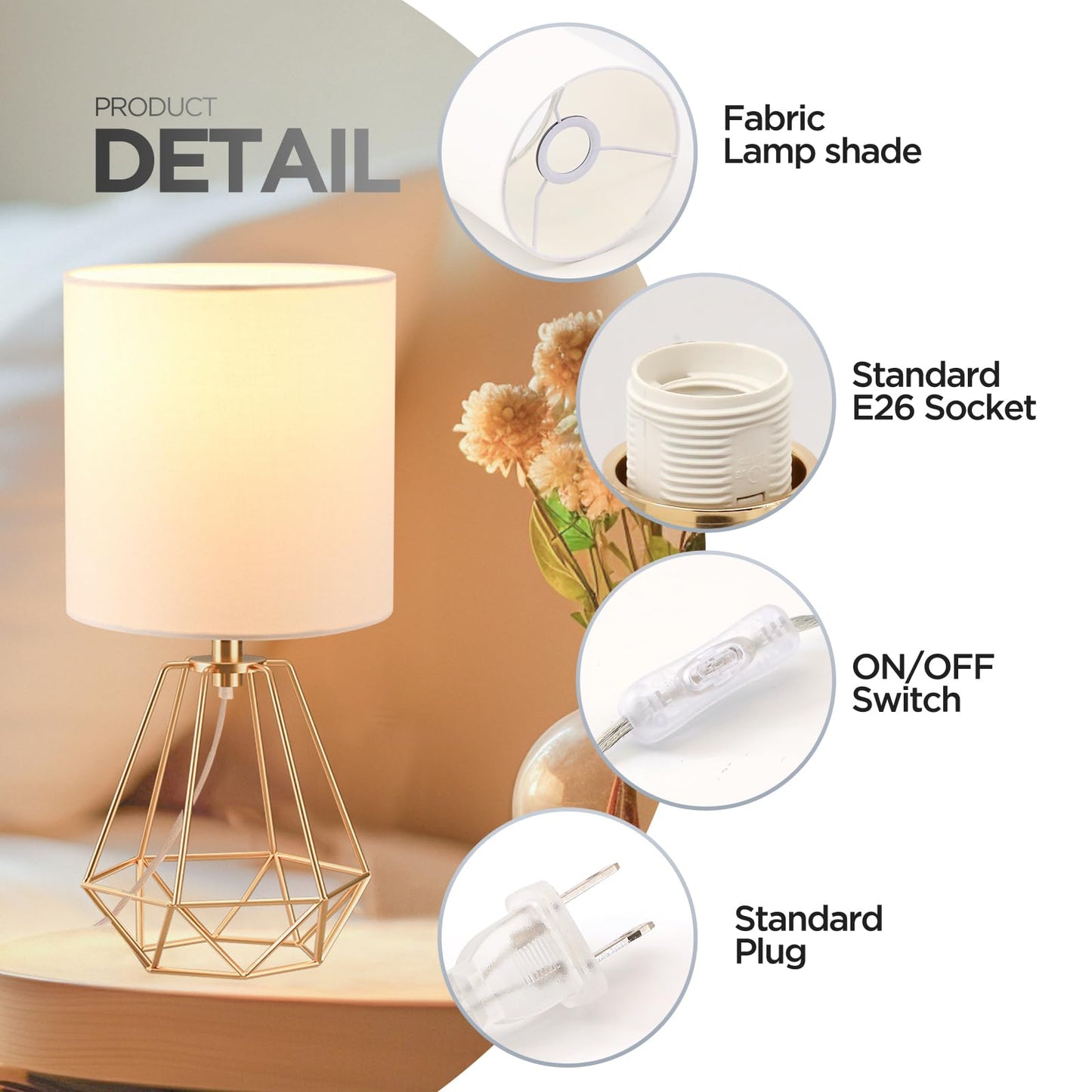 Fengarolam Modern Golden Metal Table Lamp,14" Small Bedside Lamp with Hollowed Out Metal Base & White Fabric Shade,E26 Nightstand Desk Lamp for Bedroom,End Table,Living Room&Room Decor