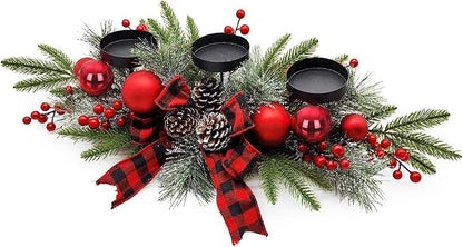 Christmas Table Centerpieces Decorations, 27.5 Inch Designed with Golden Bowknot Baubles Ornaments, Artificial Golden Berries and Pine Cones for Dining Room Table (Red Ball)