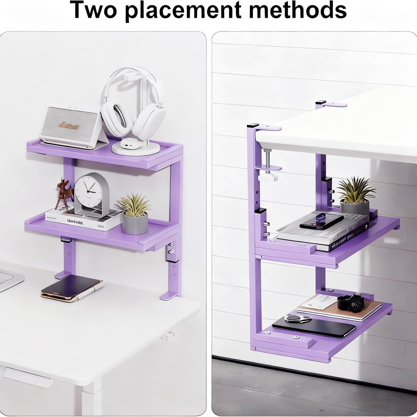 Spacrea clamp on Desk Shelf, 2 Tier Office Desk Shelves Organizer, Wood Desktop Supplies Storage Rack, Desk Organizers and Accessories (Purple)