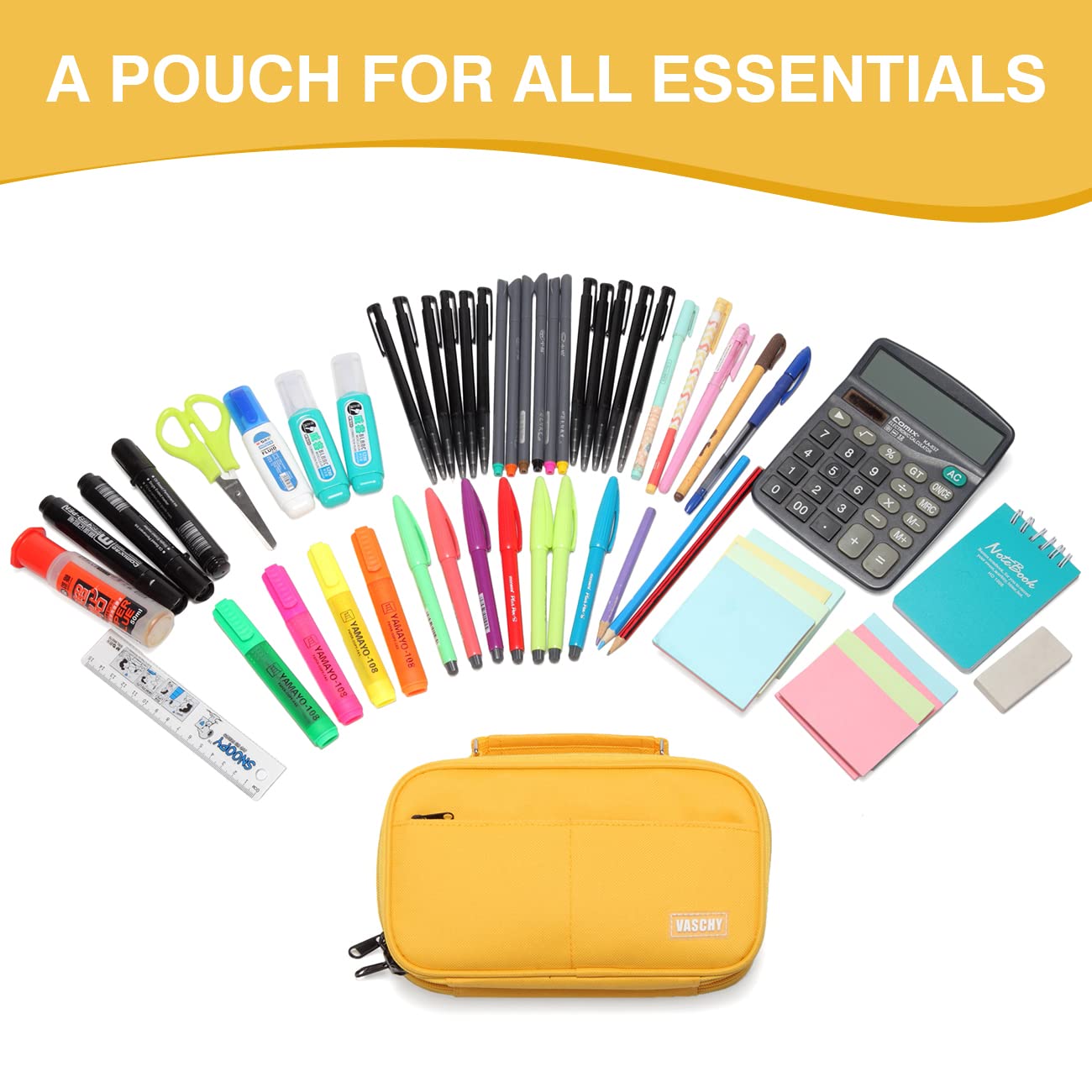 VASCHY Pencil Case, Large Pencil Pouch with Compartments for Middle School,Work,Office Pen Organizer Holder School Supply Yellow