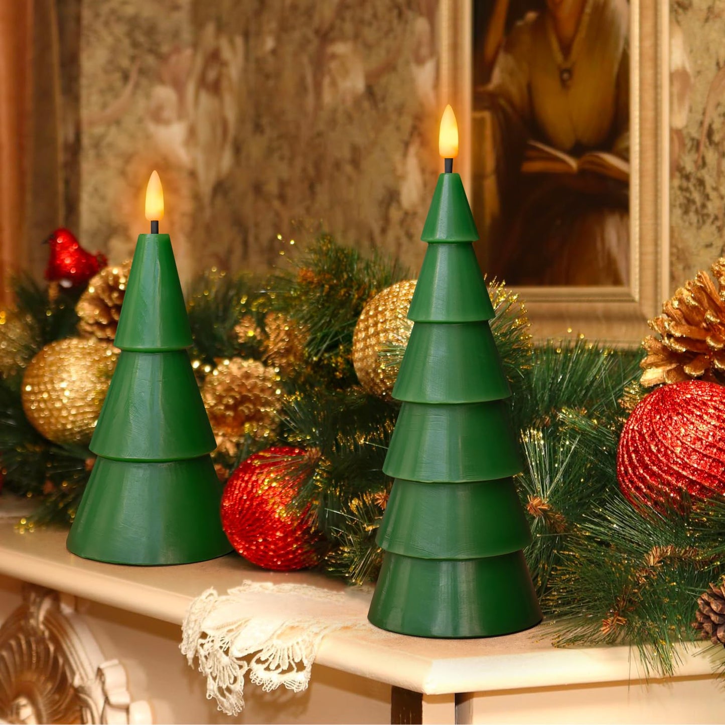 Yongmao Christmas Tree Shaped Flickering Flameless Candles, Green Real Wax Battery Operated LED Candles with Timer for Home Party Table Decoration Christmas Gift Set of 2