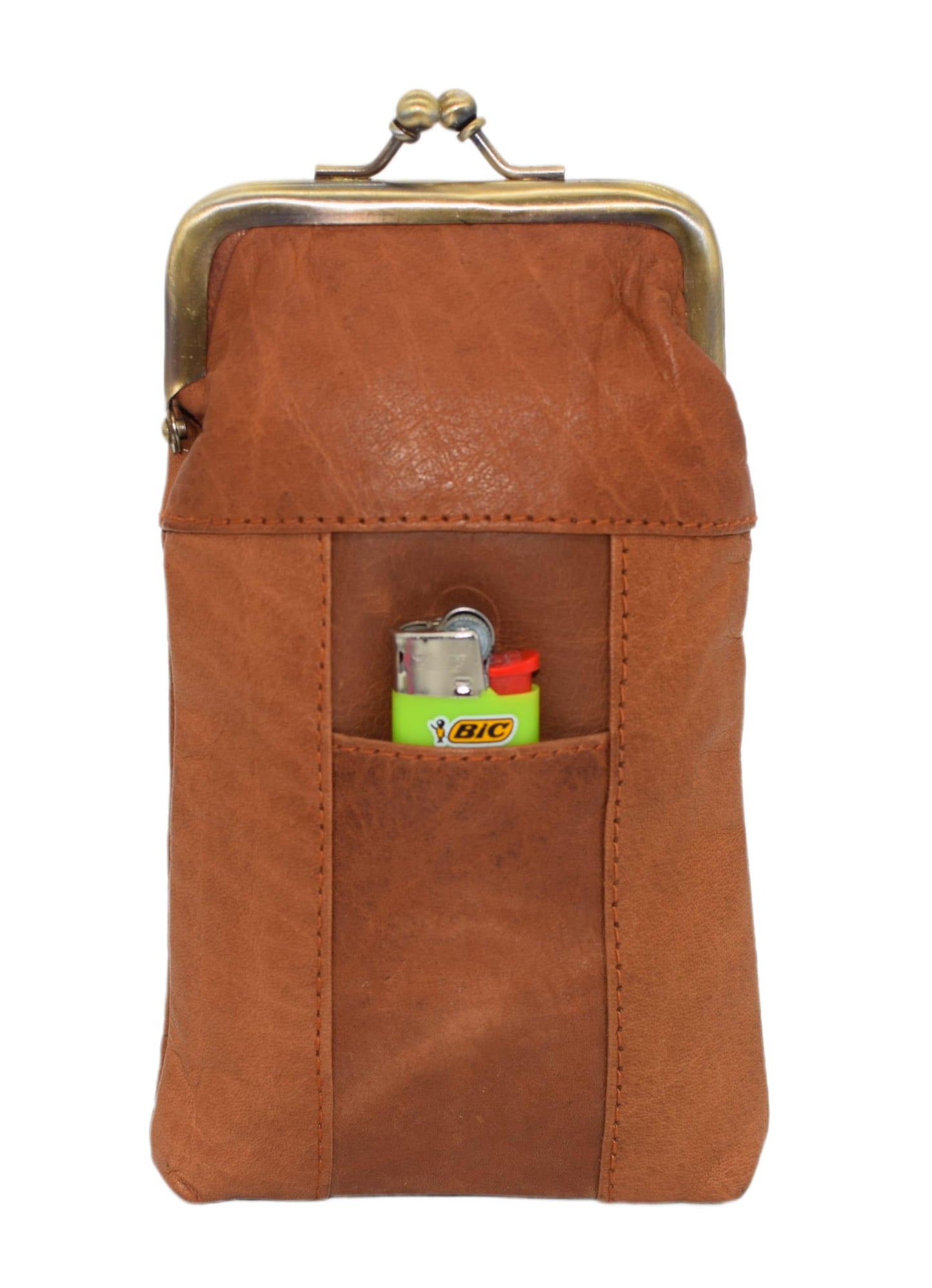 Genuine Leather Tan Cigarette Case Holder Slim Pack Regular or 100's & Lighter Pocket with Metal Twist Clasp (Tan)