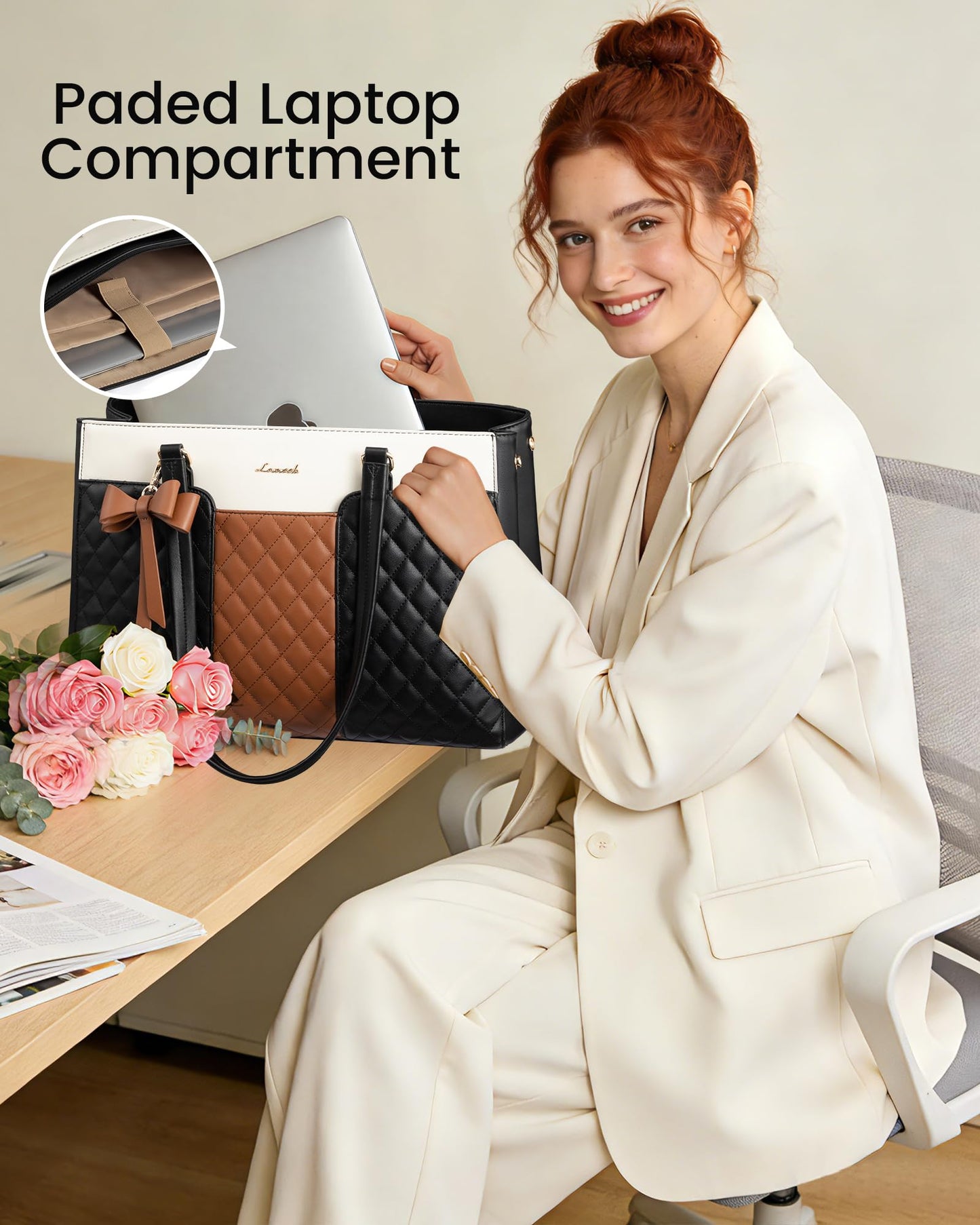 LOVEVOOK Laptop Tote Bag for Women,15.6 Inch Work Bags PU Leather Teacher Tote Bag,Waterproof Quilted Computer Bag for Office Professional Briefcase Gifts