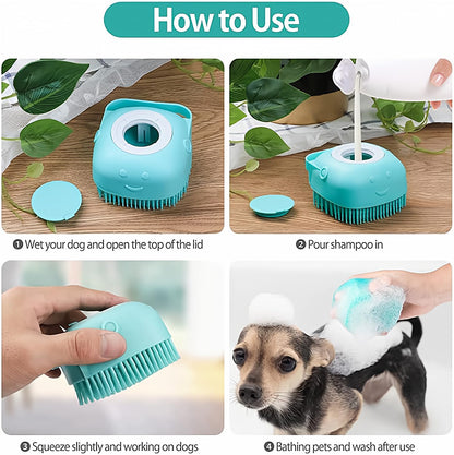 Bath Brush Scrubber Soft Silicone Pet Shower Grooming Shampoo Massage Dispenser For Short Long Haired Dogs And Cats (Blue+Pink)