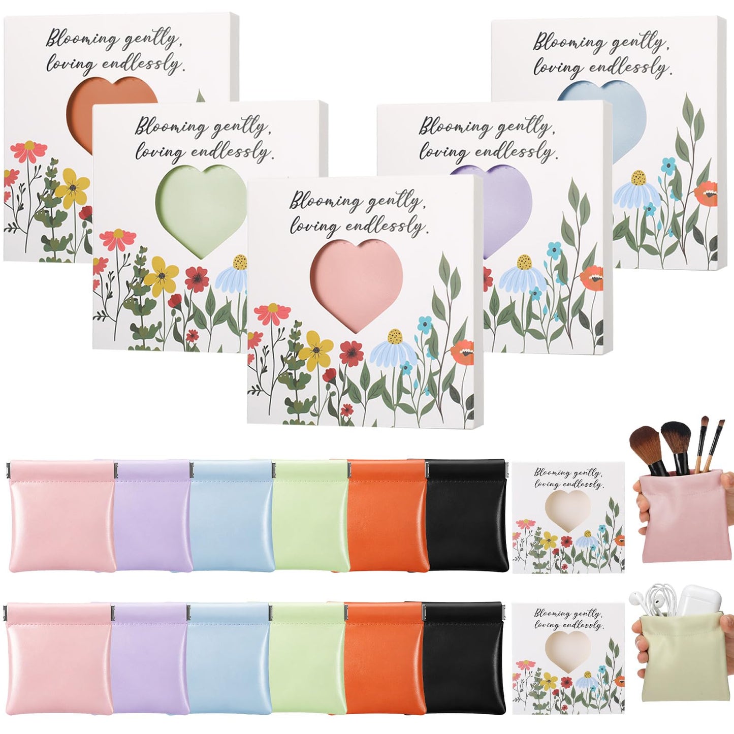12 Sets Small PU Leather Organizer Pouch for Purse Snap Closure Pouch Small Women's Leather Pouches Gifts for Mini Purse Floral Design Gift Box for Mini Cosmetics Electronics Coins Pouches Jewelry
