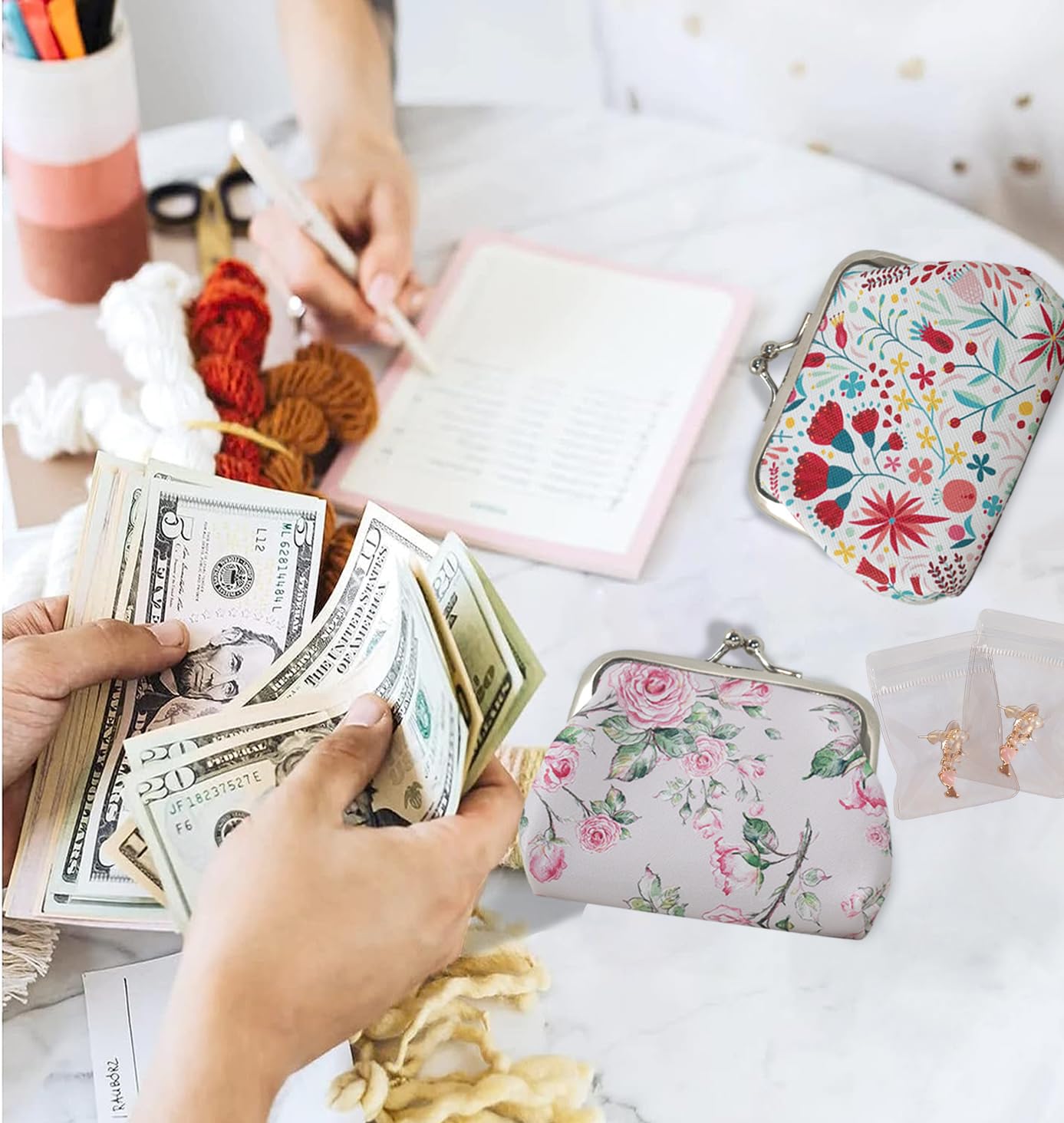 BenePoint Coin Purse for Women, Mini Purse Change Purse Coin Pouch with Kiss Clasp Lock& 2 Clear Jewelry Bags, Floral PU Leather Coin Purses Small Pouches for Cash and Jewelry (red)